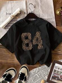 1 Pack Girls Casual Printed Crew Neck Short Sleeve T-Shirt Summer Student Youth Clothing - màu đen - Xem 2