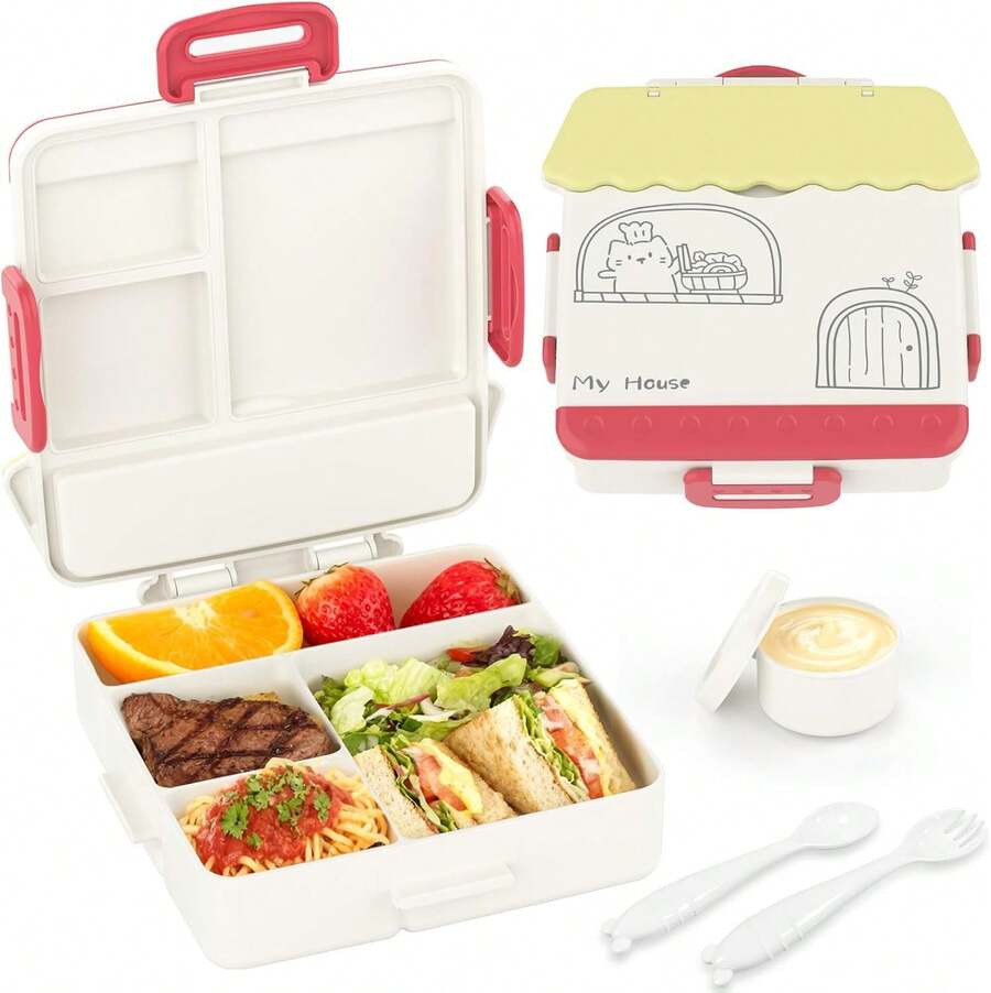 ¡RecomendadoLonchera Bento Niño, Bento Box Kids de 4 Compartimentos, Lonchera para Niños a Prueba de Fugas con Asa, con Tenedor y Cuchara, Contenedor de Bocadillos de Frutas para la Escuela y Picnic (Púrpura)¡Top de Temporada - Amarillo - Ver 1