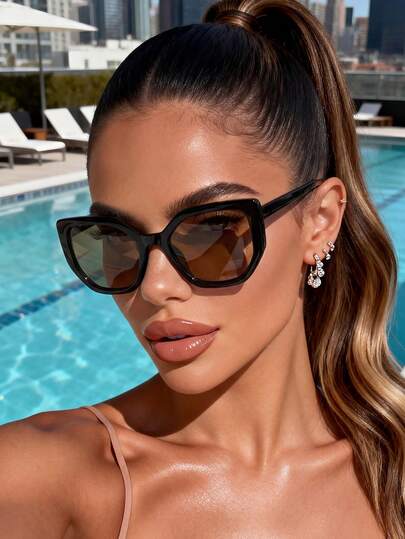 1 Pair Unisex New Cat Eye Asymmetrical Brown Glasses, European And American Vintage Style, Suitable For Driving, Street Photography, Shopping, Fit All Face Shapes, Fashionable Accessory For Summer Beach, Outdoor Activities And Travel