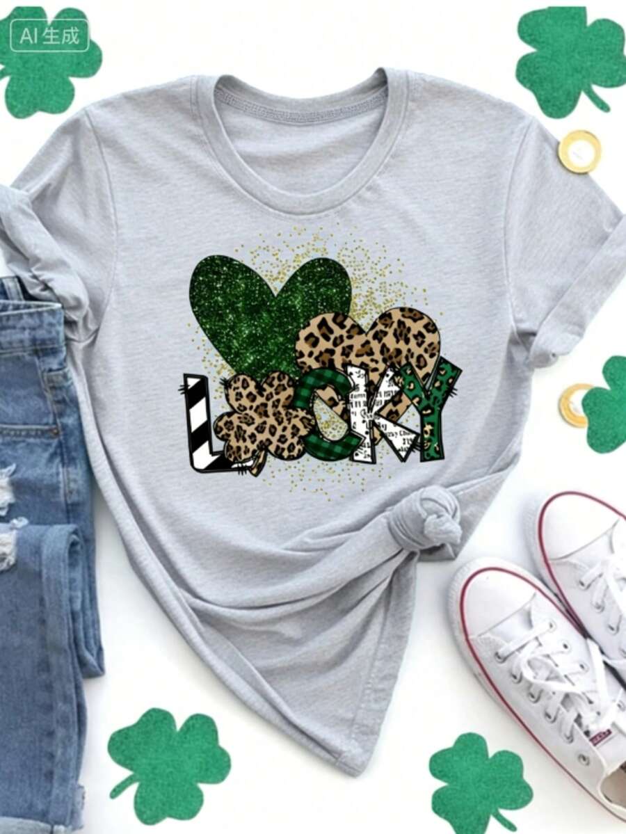 Shiny Clover Pattern Leopard Print "LUCKY" Letter Print + Small Size Short Sleeve Women's Top + Plus Size Short Sleeve Women's Top + Fashion Round Neck T-Shirt, Spring Summer Women's Top-Valentine Gift ST Patrick' S Day - 灰色 - 查看 1