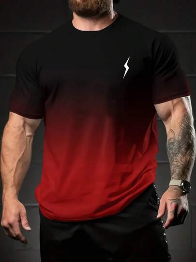 Men's Summer Outdoor Sports Fitness Training White Lightning Print Ombre Red & Black Round Neck Short Sleeve T-Shirt, Suitable For Sports & Casual Wear