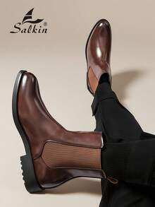 Salkin Vintage Designer Men's Chelsea Boots, Pull-On Style, Pointed Toe Design, Luxury Mid-Calf Ankle Boots, Men's Soft Genuine Leather Boots, Gentleman Business Formal Shoes, Daily Office Party Casual Shoes, Couple's Romantic Dinner Date Gift, Back To School Student Shoes, College Style, Suggest Sizing Up One Size - Rust Brown - View 8