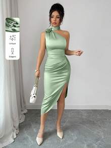 Women's Sage Green Solid Elegant Party Wedding Guest One Shoulder Flower Ruched Slit Satin Midi Dress Summer Spring Beach Vacation Outfits Prom Season Graduation Season Wedding Season Holiday Season Cocktail Dress Bodycon Dress - Mint Green - View 1