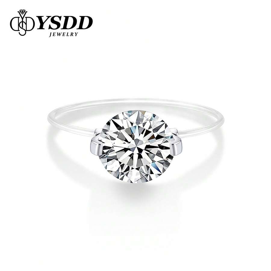 1-2 克拉莫桑石女士订婚戒指，D 色 VVS1 莫桑石圆形切割单石戒指，925 纯银 18K 镀白金隐形镶嵌戒指，带证书