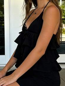 Women's Halter Neck Tops Sleeveless Open Back Layered Ruffle Hem Cami Tops Summer Shirts - 黑色 - 查看 7