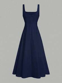 Floreya Solid Color Casual Elegant Woven Fabric Zipper Dress For Evening Date Holiday Wedding Spring Summer - Navy Blue - View 6