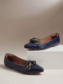 Michelle Navy Blue Pointed Toe Moccasin Shoes | Color Chain In The Middle – Comfortable, Casual - 藏蓝色 - 查看 5