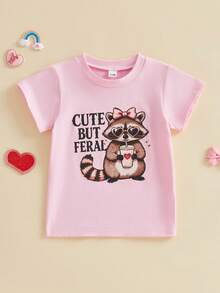 Camisetas de manga corta para bebé niña, cuello redondo, letras bonitas, estampado de oso, camisetas casuales de verano - Rosa - Ver 1