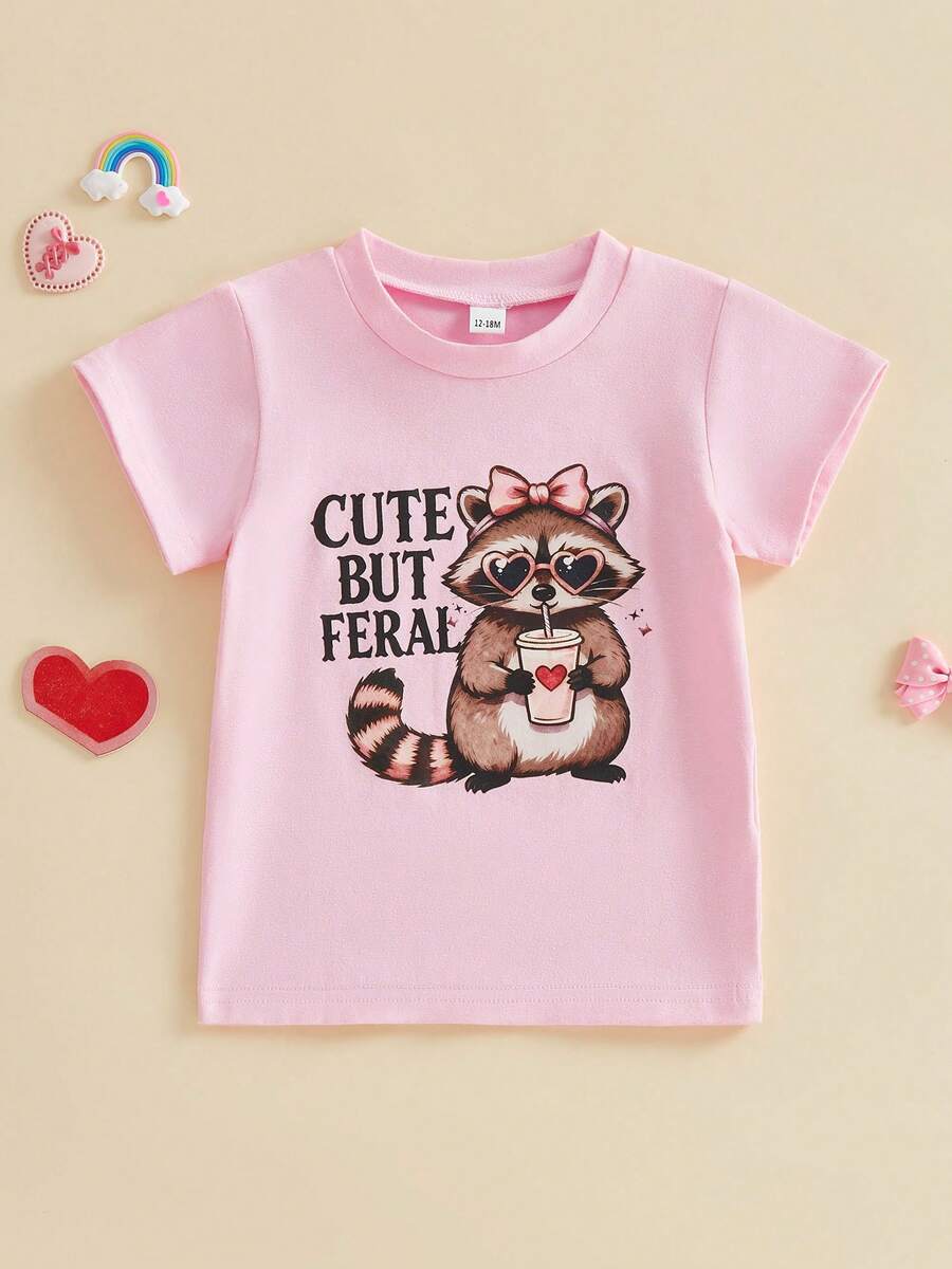 Camisetas de manga corta para bebé niña, cuello redondo, letras bonitas, estampado de oso, camisetas casuales de verano - Rosa - Ver 1