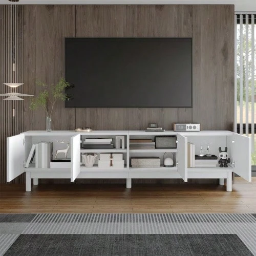 Lowboard, TV Cabinet With Curved, Wave-Shaped Doors, Shelves And TV Stand With Stabilizing Legs - White - View 1