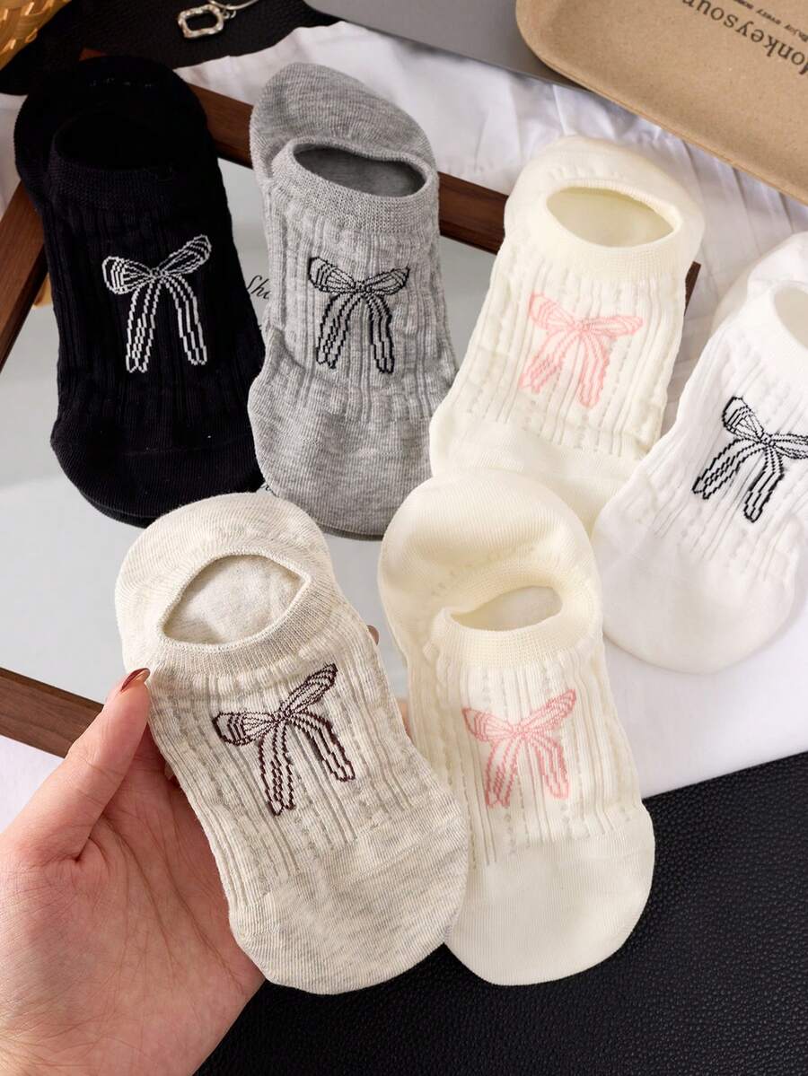 5双蝴蝶结设计女士薄款透气防滑隐形袜，适合春夏穿着 - 彩色 - 查看 1