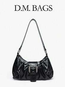 Y2K Vintage Soft Distressed Leather Motorcycle Bag With Rivet, Buckle, Pleated Cloud Decor, Shoulder/Underarm Bag, Suitable For Work, Commute, Date, Party, Street & Japanese Bag For Women, Halloween Purse Perfect For Fancy Party Halloween Fashion & Gothic Fashion , Vintage Bag , Y2k - 黑色 - 查看 1