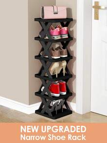 9/6 Tier Vertical Shoe Stand Space Saving Narrow Shoe Rack, Small Shoe Shelf, DIY Free Standing Shoes Storage Organizer For Entryway, Closet, Hallway, Easy Assembly And Stable In Structure, Black & White, Plastic Material, Consumables - Nâng cấp màu đen - Xem 2