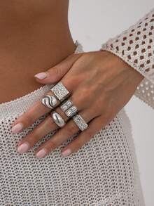 5pcs/Set Elegant Geometric Square Rhinestone Charm Metal Open Teardrop Ring Set, Luxurious Jewelry For Wedding, Party, Vacation, Daily Casual, Street Style, Women & Couples Gift - Ring - View 3