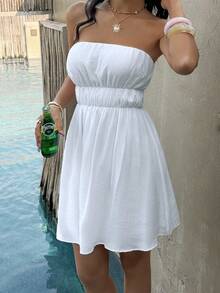 PoPoHouse 女士优雅短款连衣裙，性感露背，高腰设计，飘逸无肩带，适合日常休闲约会、夏季海滩度假外出等场合，白色连衣裙，适合派对穿着。 - 白色 - 查看 9