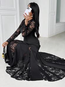 Women's Contrast Lace Round Neck Long Sleeve Elegant Arabic Style Dress - Black - View 1