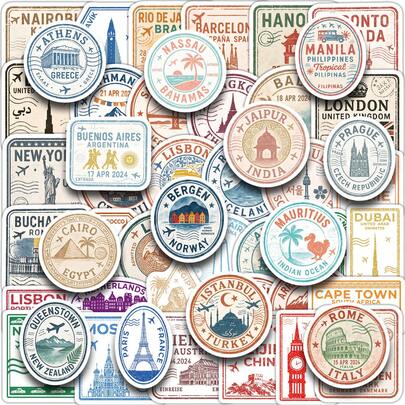 50张地标涂鸦趣味贴纸，可用于装饰水瓶、安全帽、行李箱、自行车、滑板等。