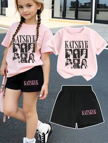 KATSEYE Pink T-Shirt And Shorts Set, Sweet Style T-Shirt. KATSEYE Pink T-Shirt, Girl Group T-Shirt, Style For Spring, Summer, Autumn And Winter, Suitable For Idol Worship, Shopping, School And Other Occasions. - 淺粉色 - 查看 1
