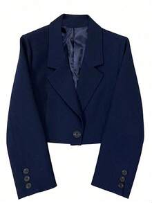 Casual Versatile Commute Solid Color Cropped Blazer Spring - Blue - View 4
