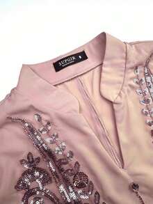 Đầm dạ hội thanh lịch bằng vải satin đính sequin dáng dài cổ tròn dành cho nữ cỡ lớn SUPGIR, màu hồng xuân. - Hồng - Xem 7