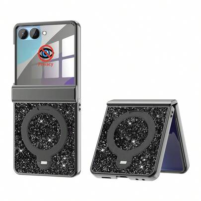 ALuoQ 奢华水钻电镀手机壳，磁吸弹簧铰链设计，内置防窥屏保护膜，360°旋转支架，支持无线充电，兼容三星Z Flip 6/7，全方位防震保护套