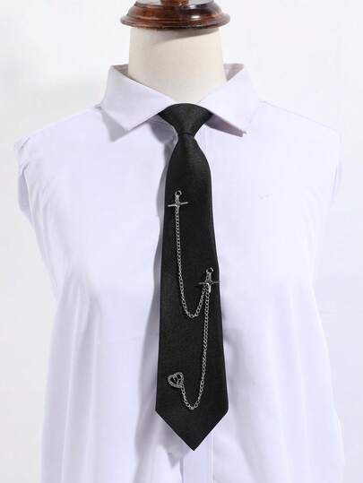 1pc Women's Fashion Heart & Cross Chain Decor Solid Color Clip-On Tie, Suitable For School, Casual Wear