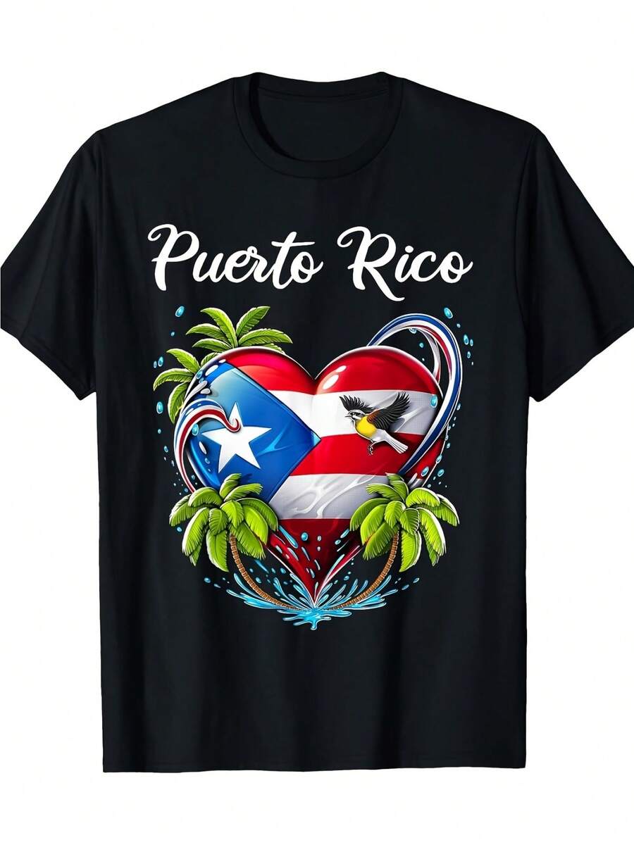 Puerto Rico Heart Boricua Puerto Rican Flag Taino Men Women Gift T-Shirt Gift Unisex Items Soft Breathable Lightweight Crew Neck Regular Fit Machine Washable Comfortable Cotton Crew Neck Short Sleeve Graphic Print T-Shirt - 黑色 - 查看 1