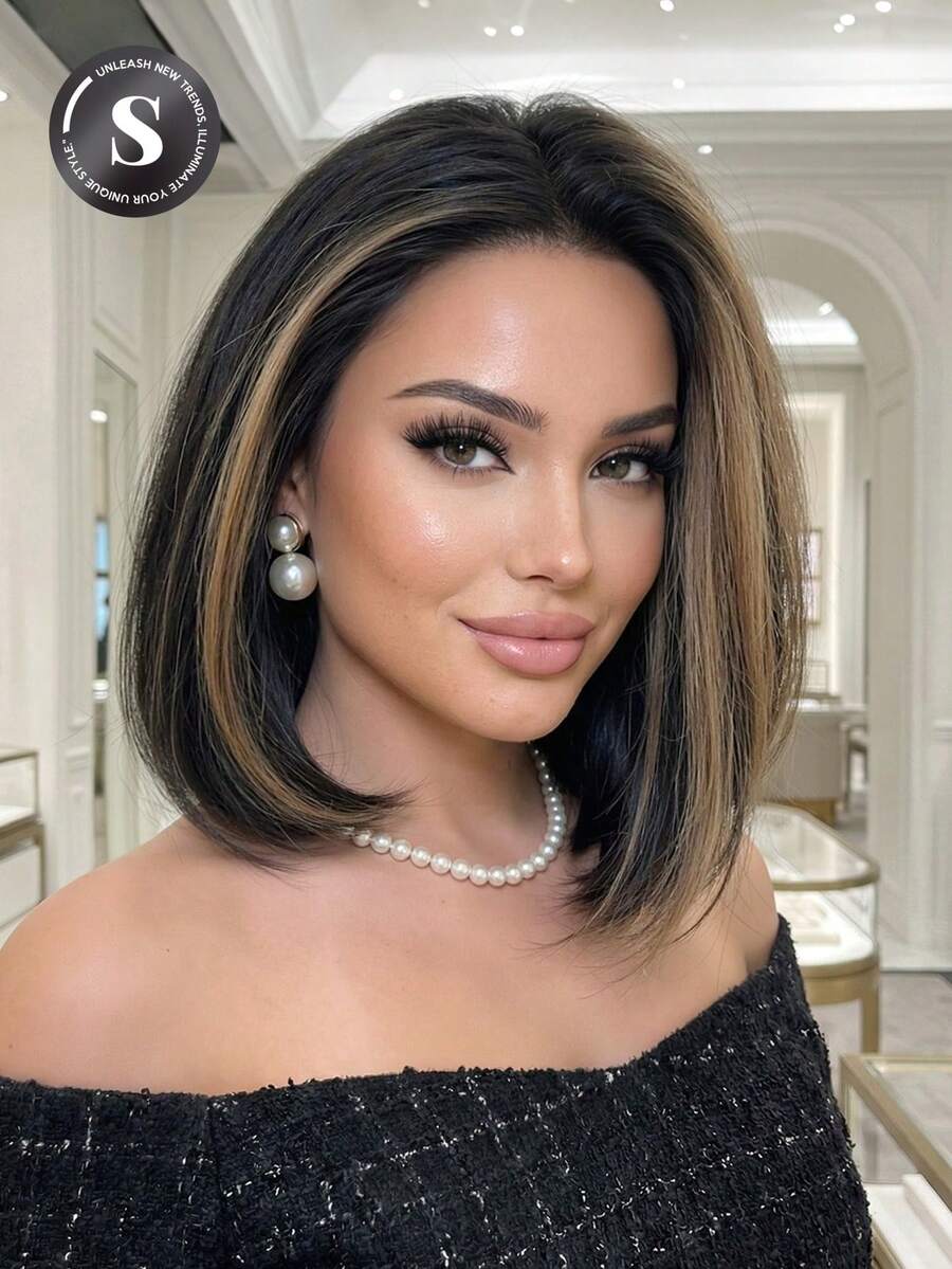 14英寸黑棕色短直发合成假发，个性化短发设计，采用高温丝和玫瑰网制成，金色，可自由修剪，时尚百搭，适合初学者，多巴胺风格，佩戴舒适，高品质，多功能，适合日常、派对、角色扮演、节日、音乐节、嘉年华等场合。 - 挑染棕色 - 查看 1