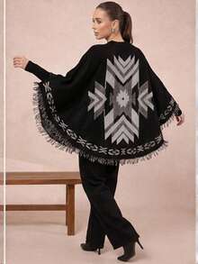 Luxury Women's Knitted Poncho With Long Sleeves, Scarf, Autumn And Winter Style. - màu đen - Xem 5