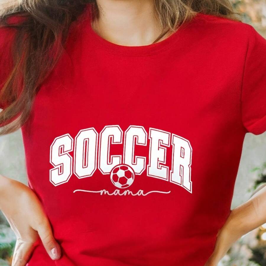 Black T - Shirt With 'SOCCER' Text (O Replaced By Soccer Ball) And 'mama' Cursive - Casual Crew Neck Cotton Tee, Delicate Necklace, Plaid Garment On Arm, Light - Colored, Perfect For Soccer - Loving MomsValentine Gift, Valentine Days,Going Out Tops,Vintage,Summer Outfits For Women,T-Shirt - 紅色 - 查看 1
