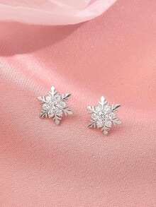 1对S925纯银甜美清新雪花耳钉，女士时尚锆石镶嵌耳环，小巧优雅耳环，节日礼物 - 雪花 - 查看 3