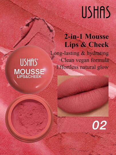  أحمر خدود موس مخملي من USHAS، للاستخدام على الشفاه والخدود، مقاوم للماء وطويل الأمد، مناسب لجميع درجات لون البشرة، ذو قوام كريمي ناعم وخفيف الوزن، يوفر ترطيبًا طويل الأمد، مناسب لجميع أنواع البشرة