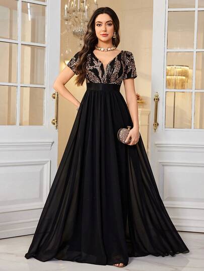 UNITHORSE [Random Cut] Women's Elegant Deep V-Neck Straight Short Sleeve Waist Cinched Sequin Patchwork Chiffon Evening Gown Dress