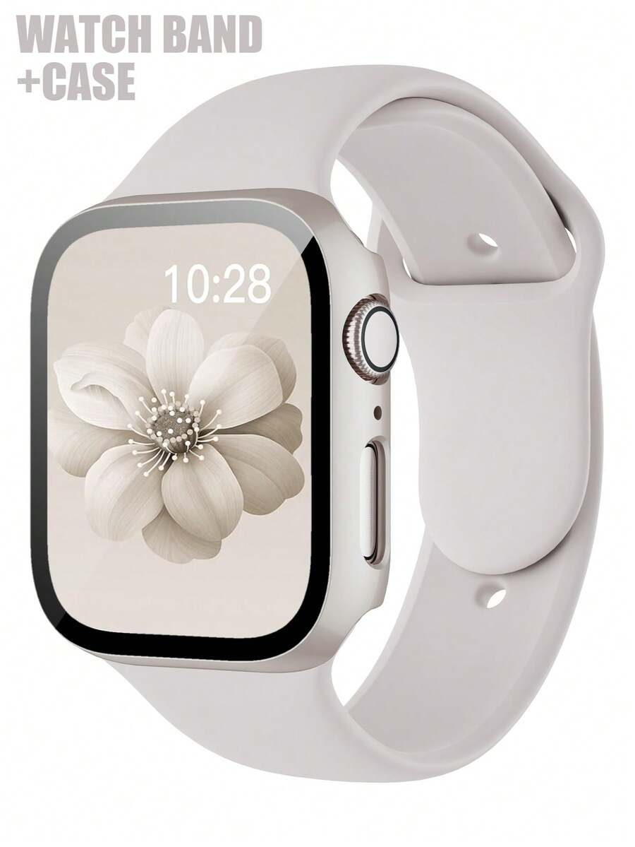 2-In-1 Sport Silicone Watch Strap And Case Set, Compatible With Apple Watch Band And Case In Sizes 40mm, 41mm, 42mm, 44mm, 45mm, 46mm, And 49mm. Soft And Comfortable Silicone Strap With Studded Buckle. Shock-Proof And Scratch-Resistant Hard PC Material And Tempered Glass Protective Film Integrated Into One Case. Compatible With Apple Watch Series Ultra/11/10/9/8/7/6/5/4/SE. Men's And Women's Smartwatch Strap And Case Set. - Beige - View 1