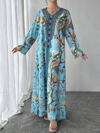 1pc Women's V-Neck Long Sleeve Casual Dress, Elegant Ditsy Floral Blue Dress, New Arabic Style Dress, Suitable For Parties, Galas, Holidays, Mother's Day And Other Occasions