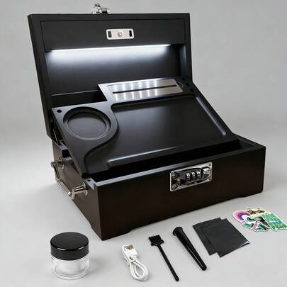 Upgraded Premium Large Bamboo Box With LED Light - Locking Storage Decorative Box With Combination Lock - Wood Kit With Lid - Wooden Locking Storage With Removable Tray And Jars - Black
