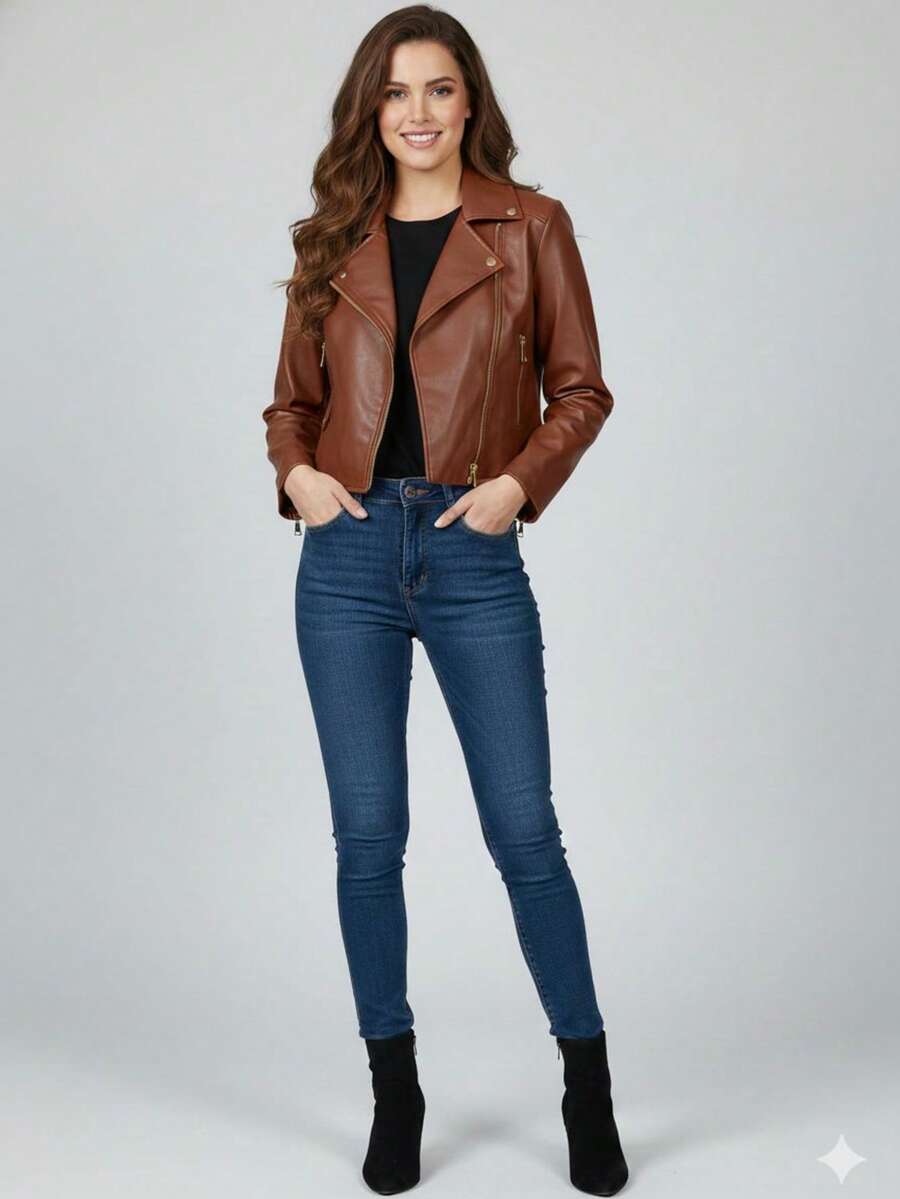 Women's Black Leather Jacket With Zipper - Rostad brun - Visa 1