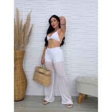 Kit 3 Peças: Biquini Sem Bojo Forrado+ Saída de Praia Calça Pantalona Tule com Short Embutido Ano Novo Natal Marquinha - Branco - Visão 1