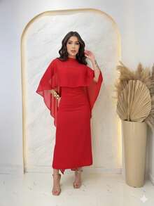 Strapless Midi Dress With Cape - Red - View 1