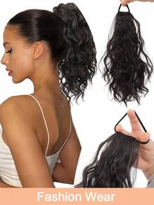 1条12英寸马尾假发，短款波浪卷马尾，带弹力发圈，天然合成发饰，自然时尚女士风格（黑色/棕色） - 彩色 - 查看 2
