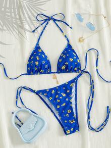 Bộ đồ bơi hai mảnh mùa hè dành cho nữ, kiểu dáng dây mảnh, in họa tiết và trang trí dây xích, gợi cảm và ngọt ngào, thích hợp cho kỳ nghỉ biển. - Nhiều màu - Xem 10