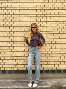 Women's Elegant Casual Fashionable Sexy Mesh Classic Polka Dot Crop Top - Boat Neck, Front Pleats, Waist Pleats Detail, Sheer Long Sleeves - Brown - View 2