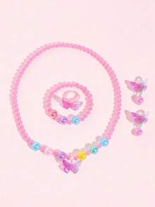5pcs/Set Children's Butterfly Beaded Jewelry Set Necklace Bracelet Ring Ear Clips Little Girl Princess Costume Accessories - one-size - View 4