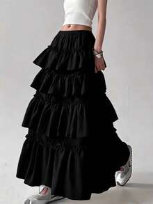 Elegant Women's White Layered Solid Color Skirt, Suitable For Spring And Summer Black - Black - View 2