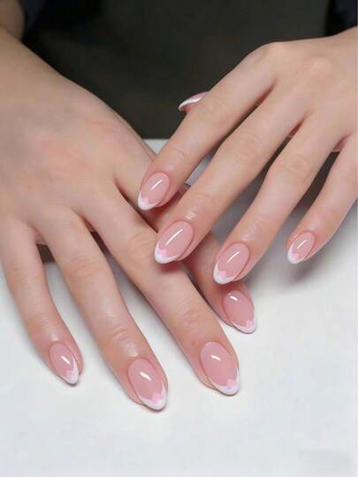 24pcs Oval Heart-Shaped French Manicure Nail Stickers Set, Renew Your Nails! Perfect Fit Valentine's Day False Nails, Includes 1pc Jelly Gel And 1pc Nail File, Suitable For Women And Girls For Daily Work, Study And Gatherings