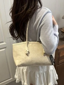 1PC Soft Long Tote Bag With Dual Same-Material Long Shoulder Straps, Knot Metal Closure Decor, Badminton-Shaped Woven Strap Charm, Embossed Letter Logo, Gentle Girl Style Commuter Knot Handbag Design, Convertible Shoulder And Underarm Two-Way Bag, Versatile College Style Commuter School Bag For Women Soft Long Tote Bag Long Dual Handle Shoulder Bag - White - View 7