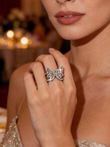 1pc Exquisite Butterfly Cubic Zirconia Engagement Rings, Personalized Hollow Out Copper Open Ring, Suitable For Daily Wear, Wedding, Party, Gift - White - View 2