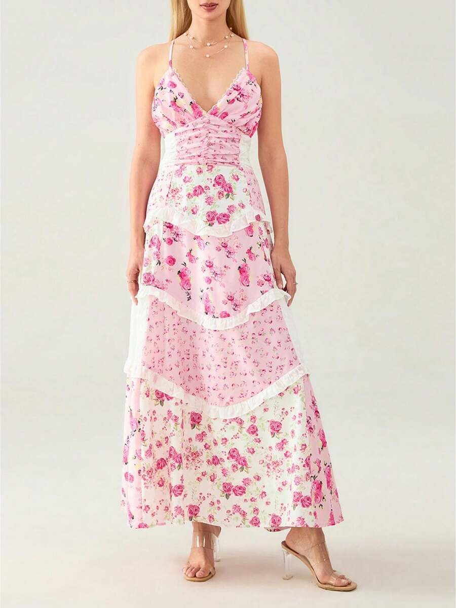 Women's Floral Dress Stylish Lace Patchwork Ruffled Trim Sleeveless Spaghetti Strap V Neck A-Line Long Dress For Summer - Pink - View 1