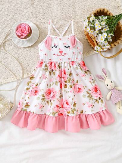 Girls' Summer Spaghetti Strap Dress With 3D Rabbit Ear Decor, Criss-Cross Back Straps And Ruffle Hem, Cute Dress For Girls
