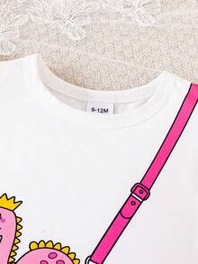 2pcs Baby Girls' White Sleeveless Top With Dinosaur Print & Pink Dinosaur Cartoon All-Over Print Shorts Set, Spring/Summer - Pink - View 4